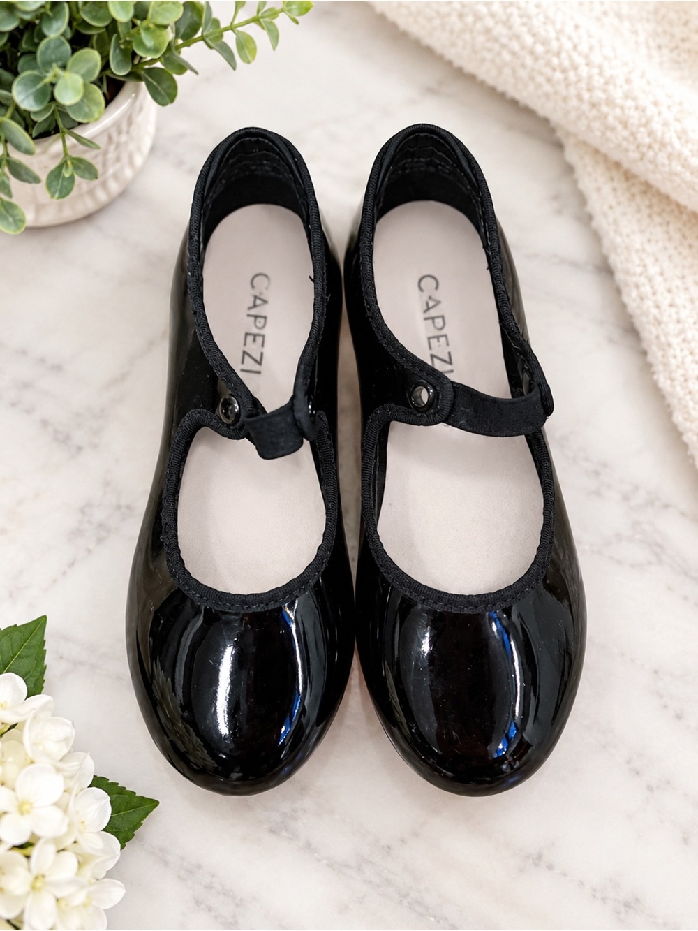 Capezio Girls Black Patent Tap Shoes with Button Strap
